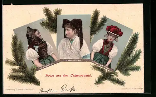 AK Drei junge Frauen in Schwarzwälder Tracht, Markgräflerin, aus dem Gutachthal