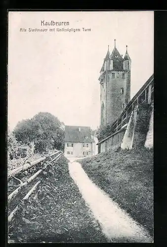 AK Kaufbeuren, Alte Stadtmauer mit fünfknöpfligem Turm