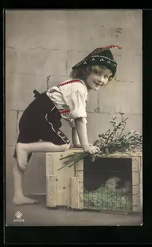 Foto-AK RPH SBW 2111 /12: Kind in Lederhose mit Federhut und Weidenkätzchen Zweigen