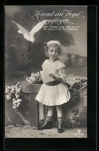Foto-AK RPH SBW 4971 /72: Kommt ein Vogel geflogen, Mädchen im weissen Kleid mit Taube