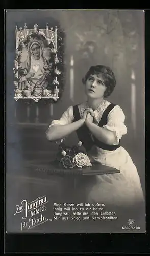 Foto-AK RPH SBW 6399 /6400: Zur Jungfrau bete ich für Dich, Gnadenbild, eine Rose auf dem Tisch