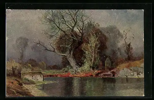 Ölgemälde-Imitations-AK Degi Nr. 353: Kahler Baum am Ufer, Herbssturm von G.M. Meinzolt