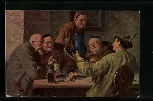 Ölgemälde-Imitations-AK Degi Nr. 1136: Sepps Schnadahüpfl, Lautenspieler mit seinem Publikum an einem Tisch