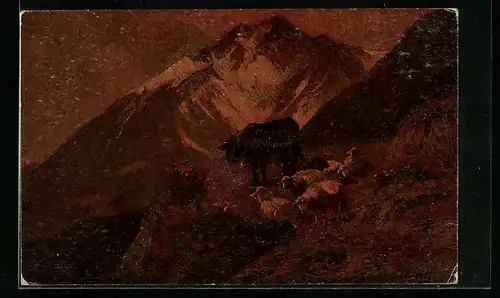 Ölgemälde-Imitations-AK Degi Nr. 366: Im Hochgebirge von Christian Mati, Kuh und Schafe auf dem berg