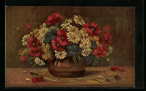 Ölgemälde-Imitations-AK Degi Nr. 1021: Wiesengruss von Rammelt-Bürger, Vase voller Wiesenblumen