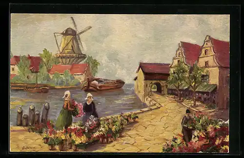 Ölgemälde-Imitations-AK Degi Nr. 1422: Holländischer Blumenmarkt mit Windmühle von E. Jahn