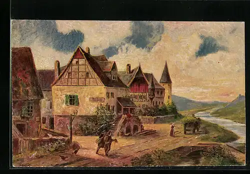 Ölgemälde-Imitations-AK Degi Nr. 1123: Im Moseltal, Anwohner am Flussufer vor den Häusern