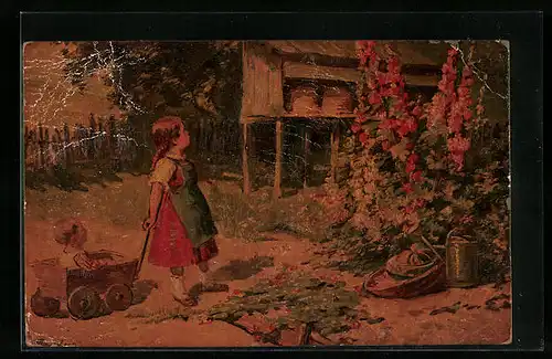 Ölgemälde-Imitations-AK Degi Nr. 409: Mädchen am Bienenstock von C. Schultheiss