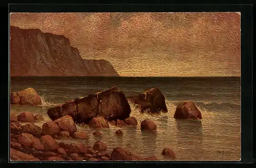 Ölgemälde-Imitations-AK Degi Nr. 1265: Felsen am Strand, Meeresrauschen von W. Hoy