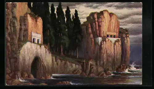 Ölgemälde-Imitations-AK Degi Nr. 1015: Felsen und Höhlen der Toteninsel von W. Hoy
