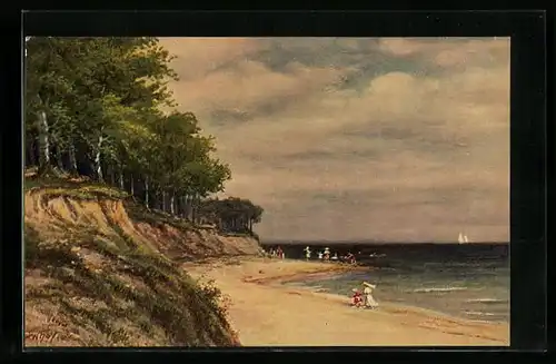 Ölgemälde-Imitations-AK Degi Nr. 1082: Gäste spazieren am Strand von Walter Hoy