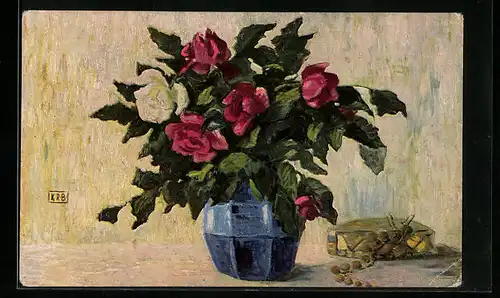 Ölgemälde-Imitations-AK Degi Nr. 1122: Rosen in Biedermeiervase, Rammelt-Bürger