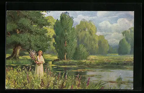 Ölgemälde-Imitations-AK Degi Nr. 1086: Dame mit Blumen am Weiher