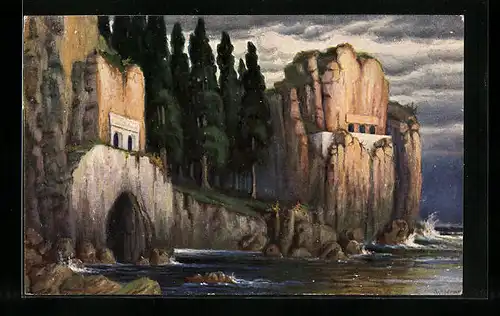 Ölgemälde-Imitations-AK Degi Nr. 1015: Toteninsel, Höhlen in den Felsen geschlagen, W. Hoy