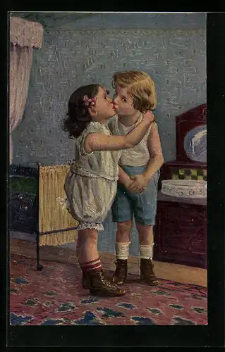Ölgemälde-Imitations-AK Degi Nr. 1041: Der erste Kuss, Kinder in der Stube, W. Hoy