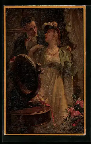 Ölgemälde-Imitations-AK Degi Nr. 703: Galante Hilfe, Mann legt Frau den Mantel über, von Prof. Franz Simm