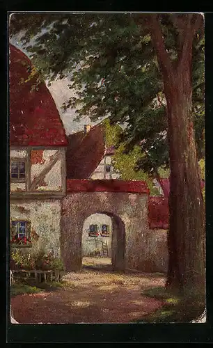 Ölgemälde-Imitations-AK Degi Nr. 1125: Aus der Heimat, Torbogen am Haus, W. Hoy