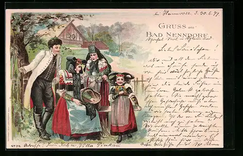 Lithographie Beim Picknick in Schaumburg-Lippischer Landestracht