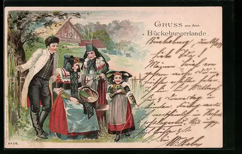 Lithographie Familie im Sonntagsstaat, Tracht Schaumburg-Lippe