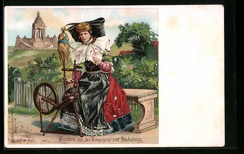 Lithographie Junge Frau am Spinnrad, Tracht Schaumburg-Lippe