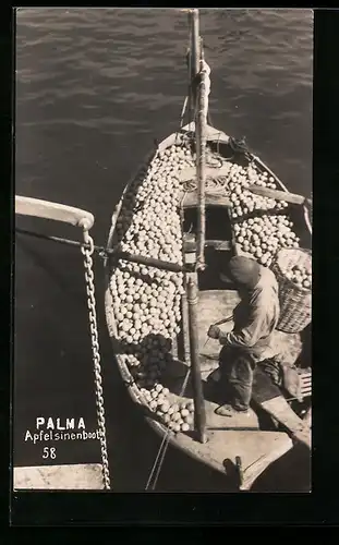 AK Palma, Apfelsinenboot, Mann in spanischer Tracht