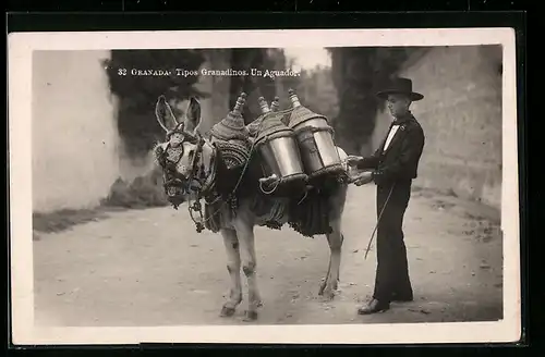 AK Granada, Tipos Granadinos, Un Augador, Mann in spanischer Tracht mit Esel