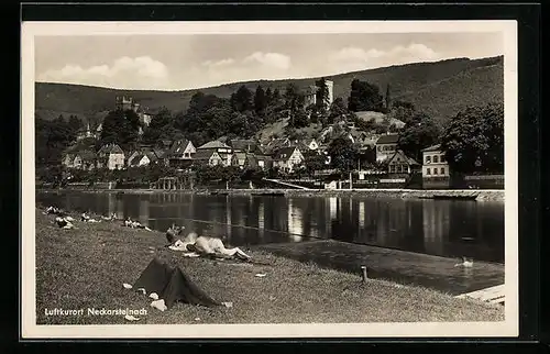 AK Neckarsteinach, Flusspartie mit Menschen