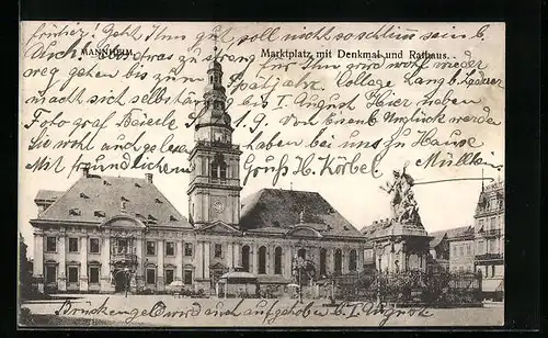 AK Mannheim, Marktplatz mit Denkmal und Rathaus