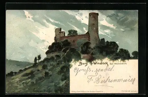 Künstler-AK Weinheim, Blick auf Burg Windeck