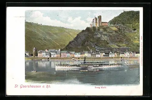 AK St. Goarshausen a. Rh., Burg Katz mit Dampfer im Wasser