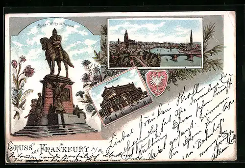Lithographie Frankfurt /Main, Ortsansicht, Opernhaus und Kaiser Wilhelm Denkmal