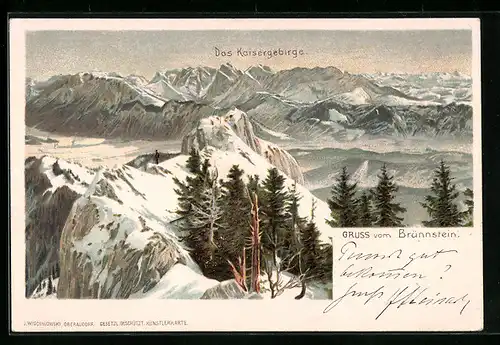 Lithographie Brünnstein, Blick auf das Kaisergebirge