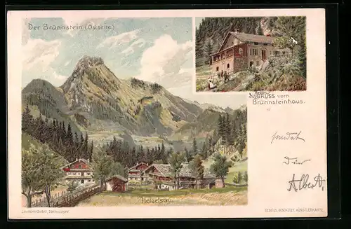 Lithographie Hölzelsau, Blick auf den Brünnstein und Brünnsteinhaus