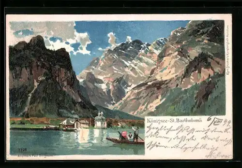 Lithographie Berchtesgaden, Boote auf dem Königssee