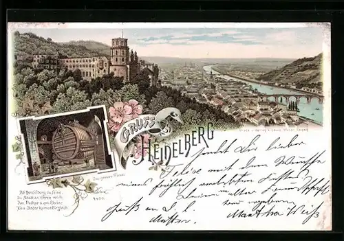 Lithographie Heidelberg, Schloss und das grosse Fass