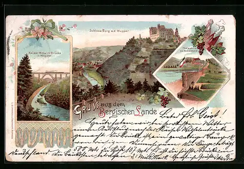 Lithographie Solingen, Schloss Burg a. d. Wupper und Thalsperre bei Remscheid