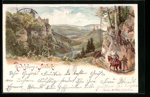 Lithographie Rudelsburg, Saaleck, Landschaft mit Reiter