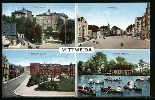 AK Mittweida, Blick auf Technikum, Marktplatz und Schwanenteich