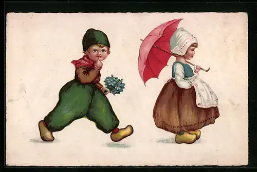 Künstler-AK Niedliches Mädchen und Junge in niederländischer Tracht