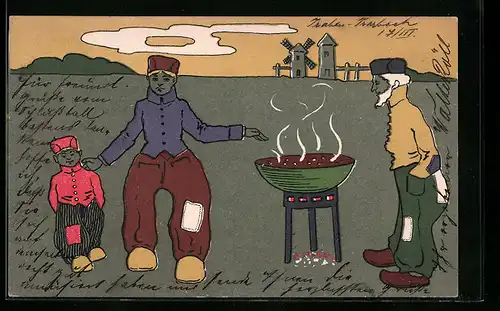 Künstler-AK Grillszene mit Windmühlen, niederländische Tracht