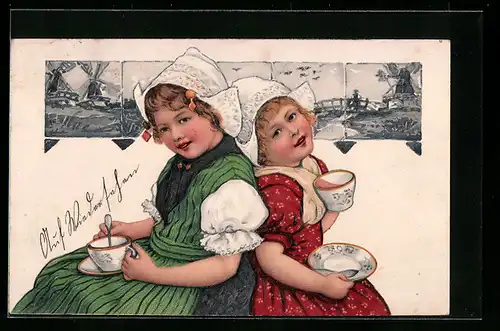 Präge-AK Zwei Mädchen trinken Tee in niederländischer Tracht