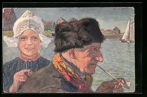 Künstler-AK Frau und Mann am Hafen in niederländischer Tracht, mit Pfeife und Segelboot