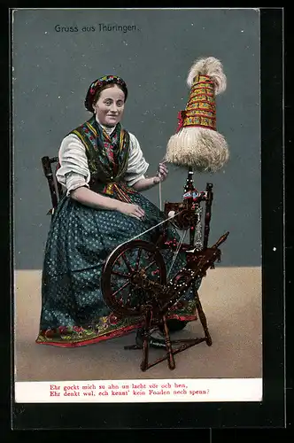 AK Frau in thüringischer Tracht am Spinnrad