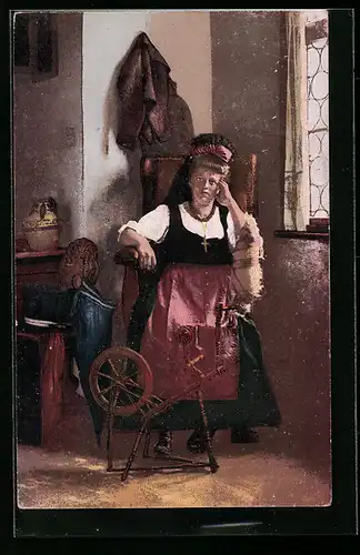 AK Frau am Spinnrad in thüringischer Tracht