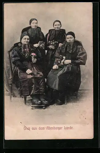 AK Gruss aus dem Altenburger Lande, vier Frauen in thüringischer Tracht