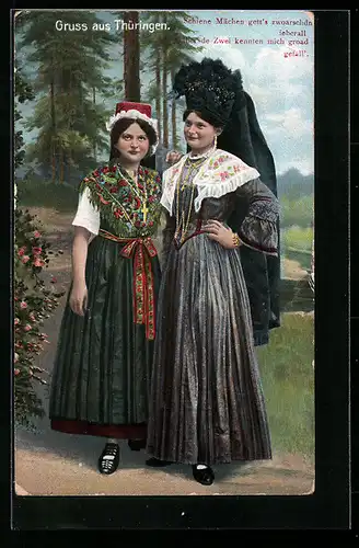 AK zwei prunkvoll gekleidete Mädchen in thüringischer Tracht