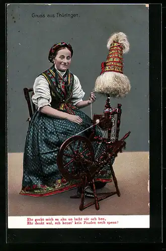 AK Frau am Spinnrad in thüringischer Tracht