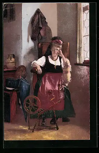 AK Frau mit ernstem Blick am Spinnrad, in thüringischer Tracht
