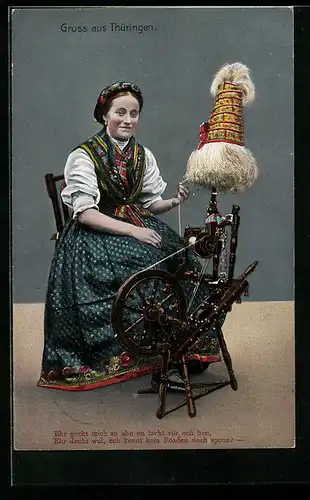 AK Fleissige Frau am Spinnrad in thüringischer Tracht