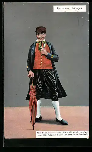 AK Kecker Bauer posiert mit Schirm und Pfeife in thüringischer Tracht